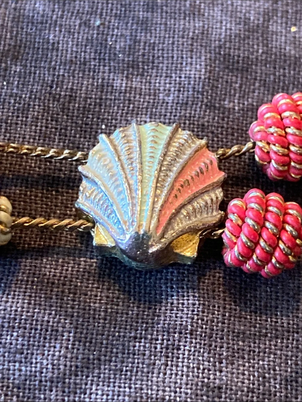 Handcrafted Gold-Tone Nautical Charm Bracelet with Red and Cream Beads